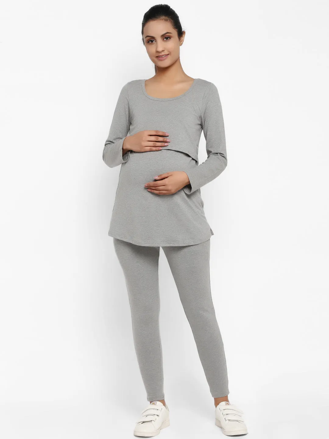 Full Sleeves Maternity Feeding T-Shirt with Over Belly Legging - Grey