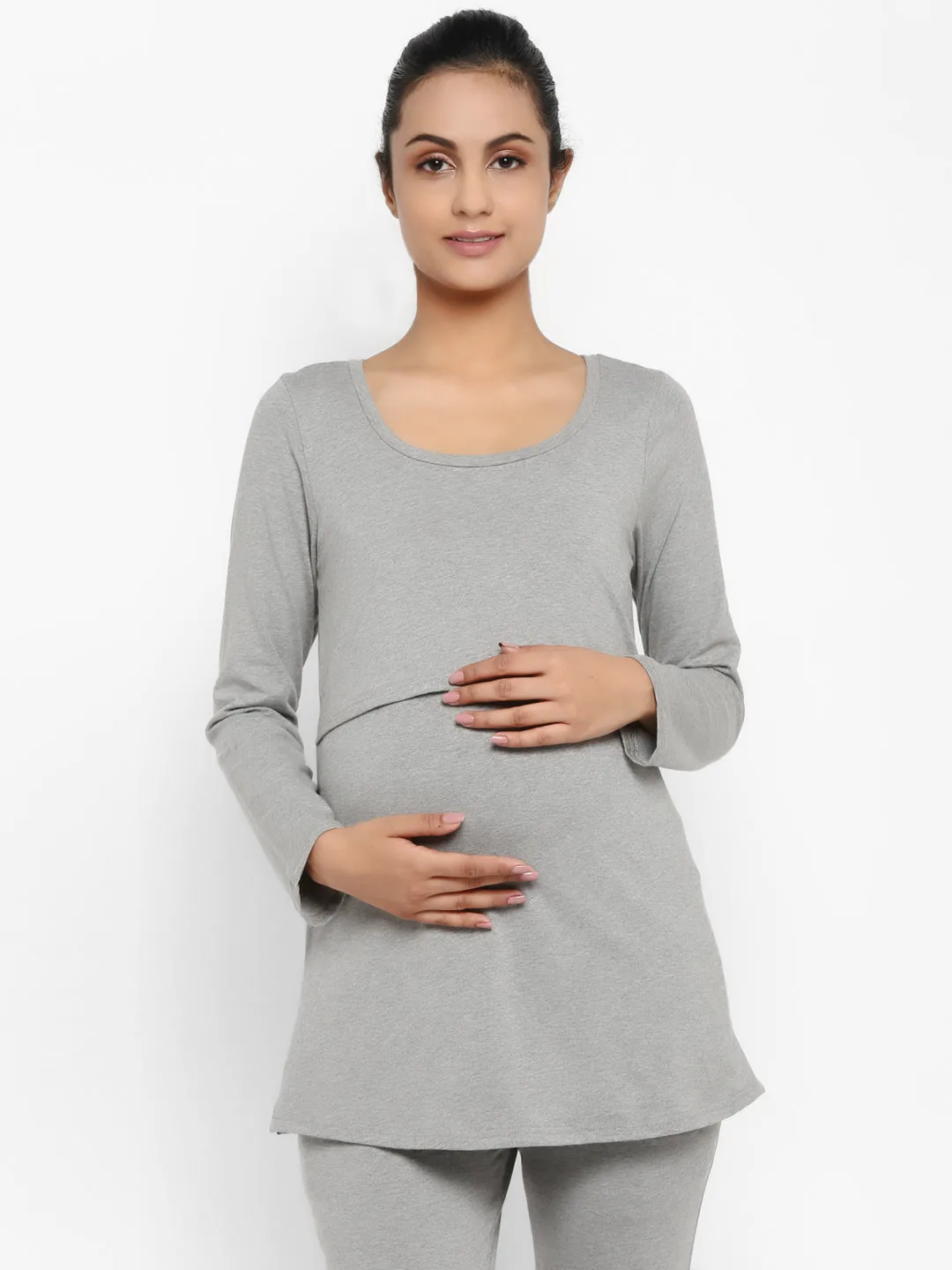 Full Sleeves Maternity Feeding T-Shirt with Over Belly Legging - Grey