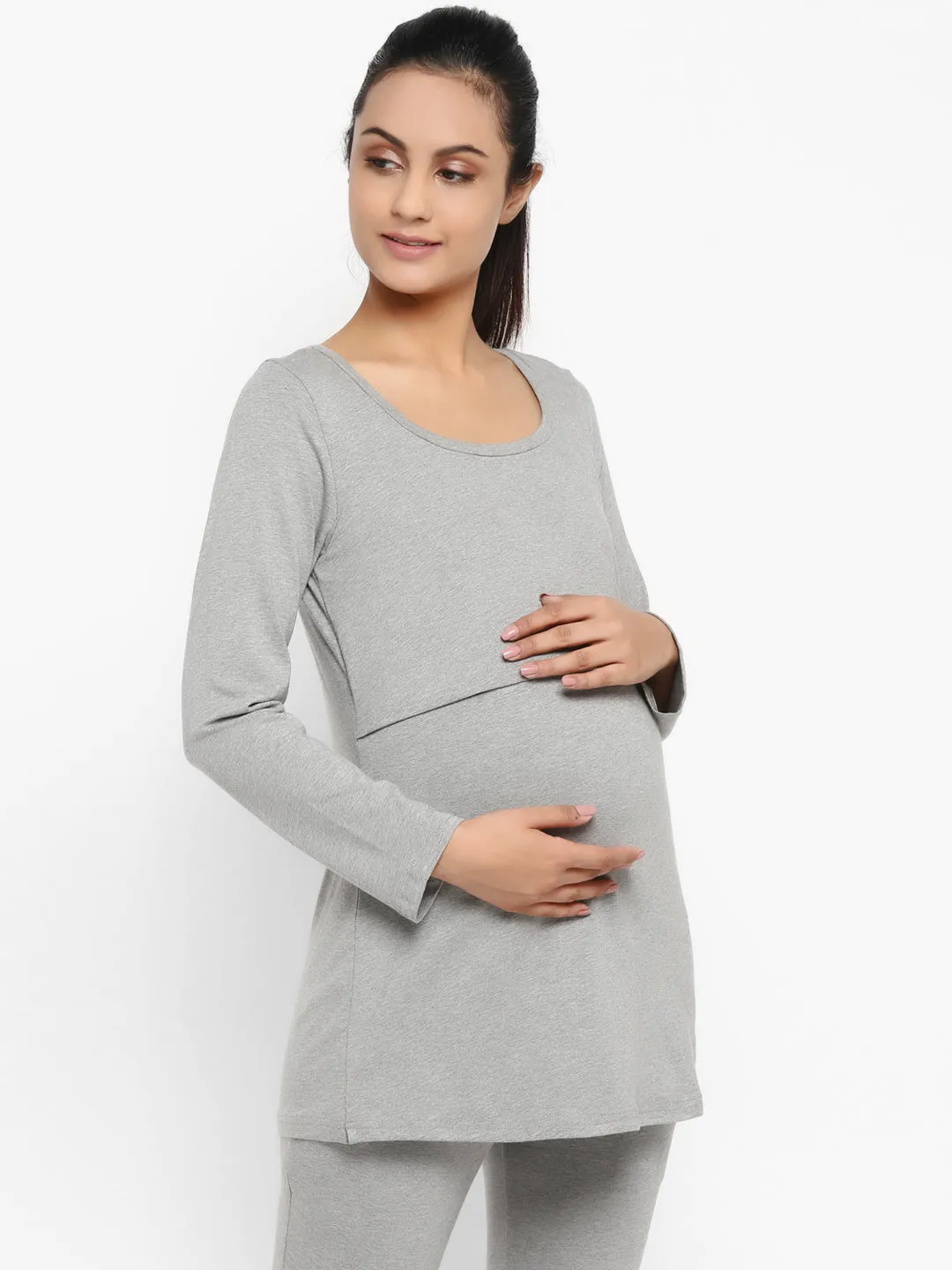 Full Sleeves Maternity Feeding T-Shirt with Over Belly Legging - Grey