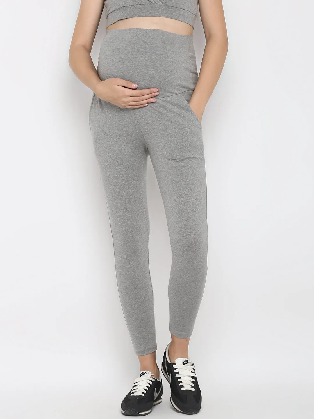 Full Sleeves Maternity Feeding T-Shirt with Over Belly Legging - Grey