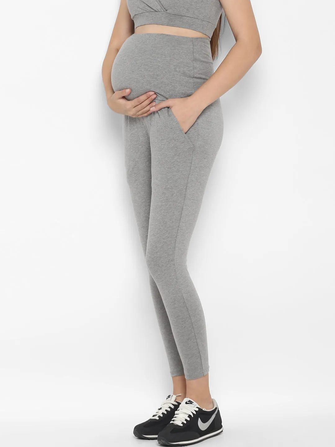 Full Sleeves Maternity Feeding T-Shirt with Over Belly Legging - Grey