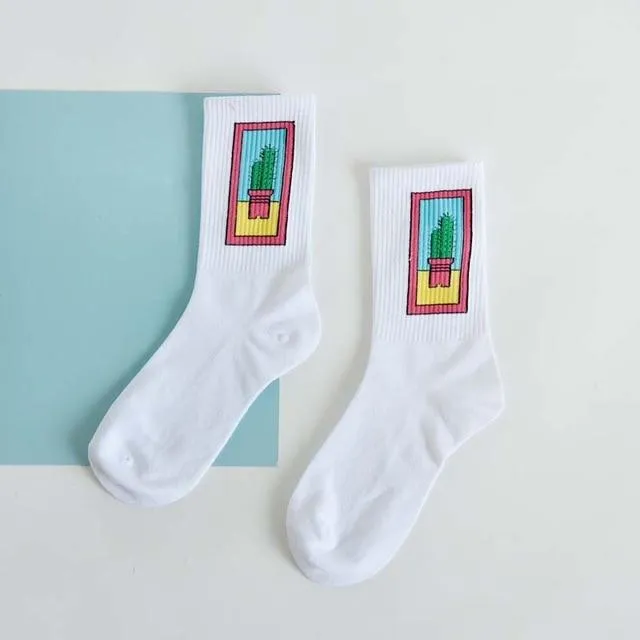 Funny Korean Style Bright Moon English Letter Printed Cotton Socks