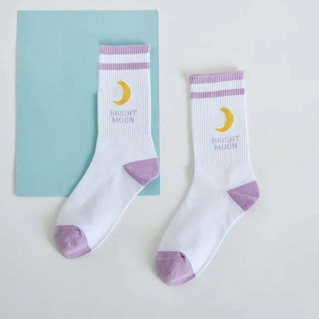 Funny Korean Style Bright Moon English Letter Printed Cotton Socks