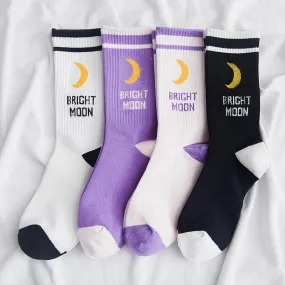 Funny Korean Style Bright Moon English Letter Printed Cotton Socks