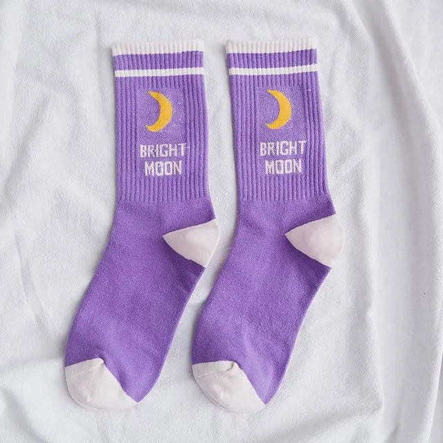 Funny Korean Style Bright Moon English Letter Printed Cotton Socks