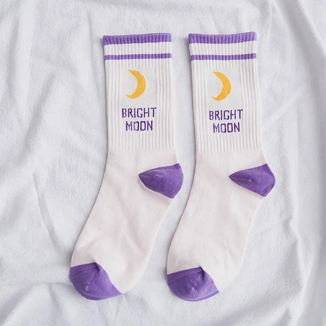 Funny Korean Style Bright Moon English Letter Printed Cotton Socks