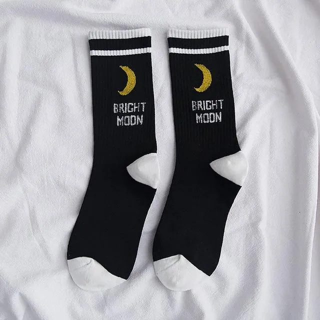 Funny Korean Style Bright Moon English Letter Printed Cotton Socks