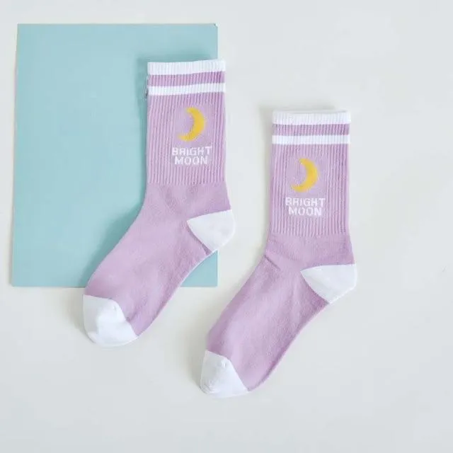 Funny Korean Style Bright Moon English Letter Printed Cotton Socks