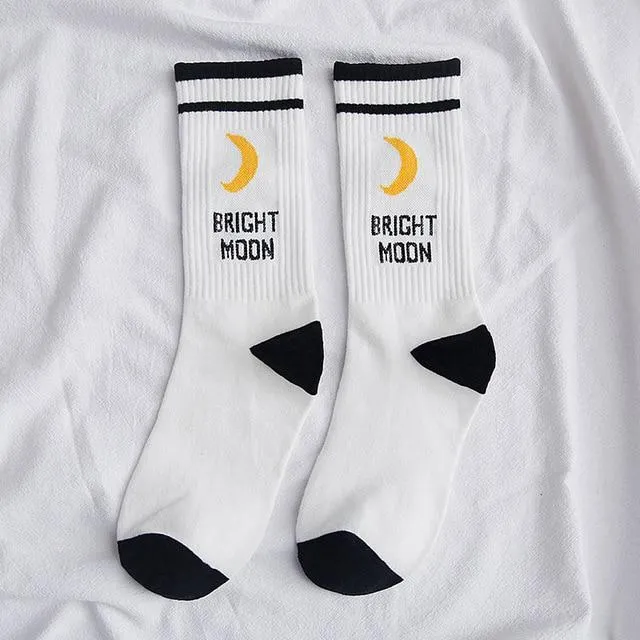 Funny Korean Style Bright Moon English Letter Printed Cotton Socks