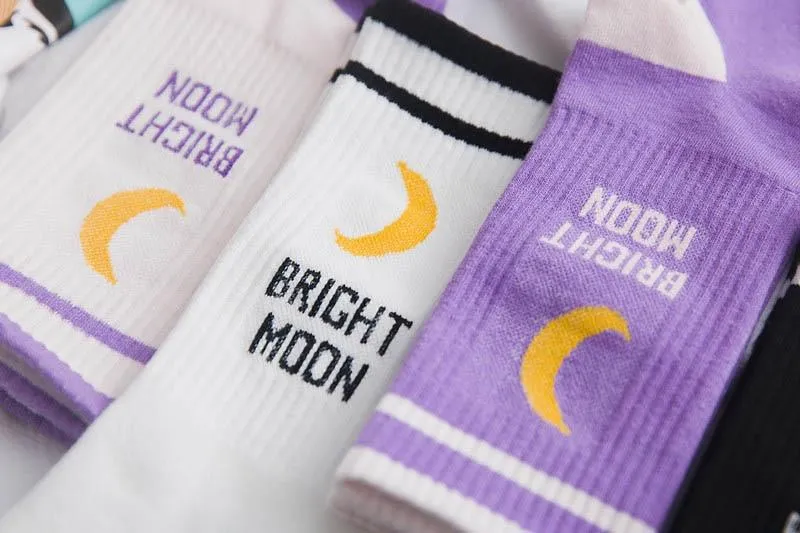 Funny Korean Style Bright Moon English Letter Printed Cotton Socks