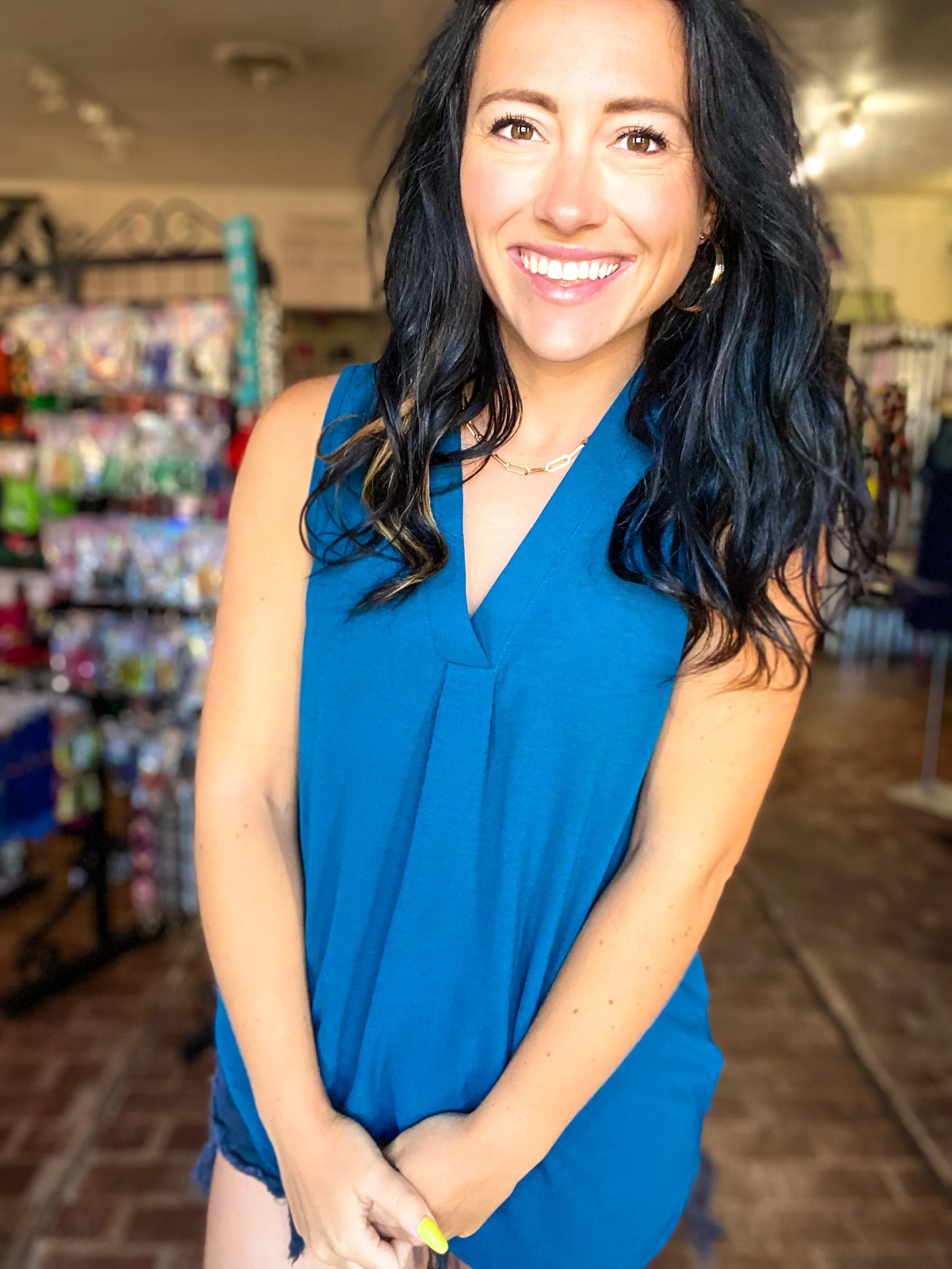 Gabby V-neck Sleeveless Top-Teal