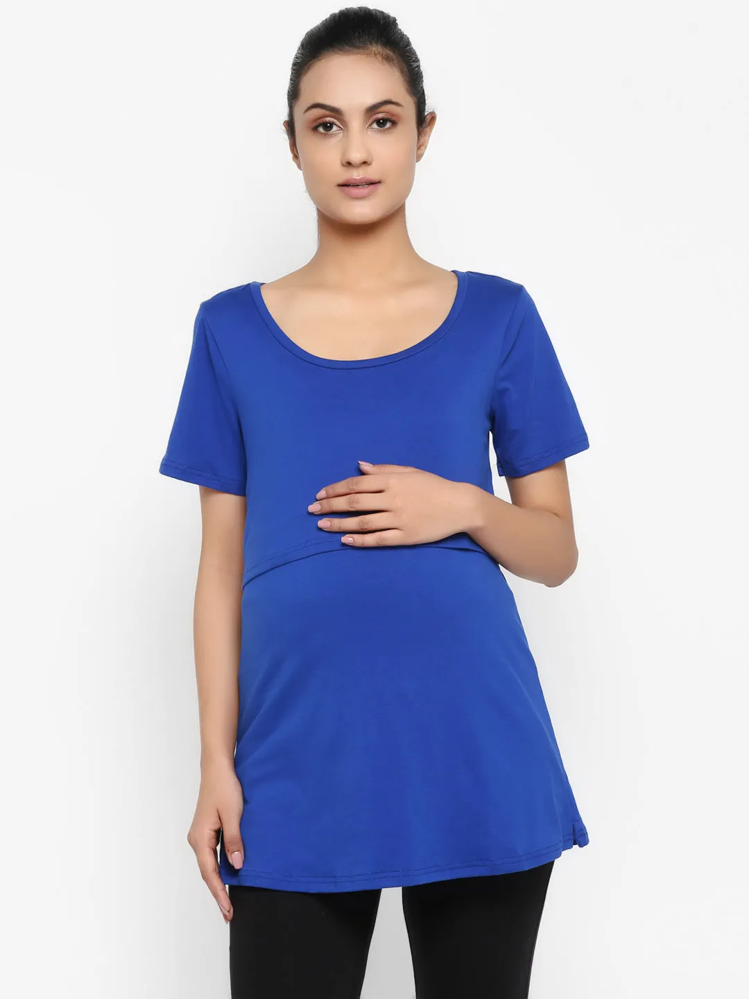 Half Sleeves Maternity Feeding T-Shirt with Over Belly Legging - Electric Blue