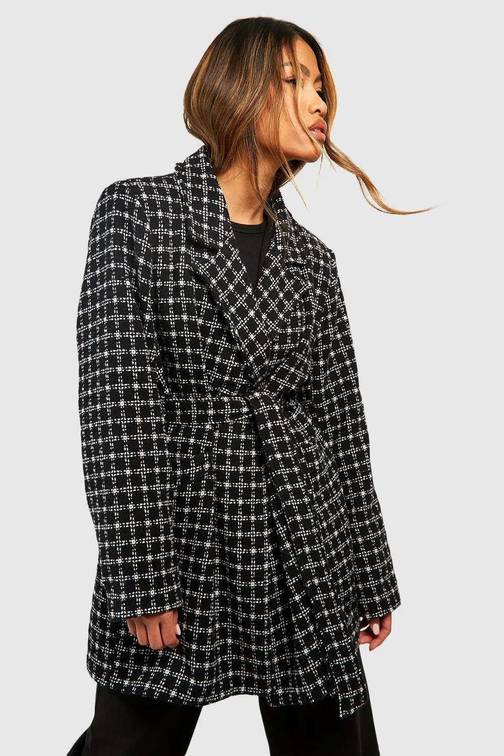 Jackets & Coats | Check Boucle Belted Coat | boohoo