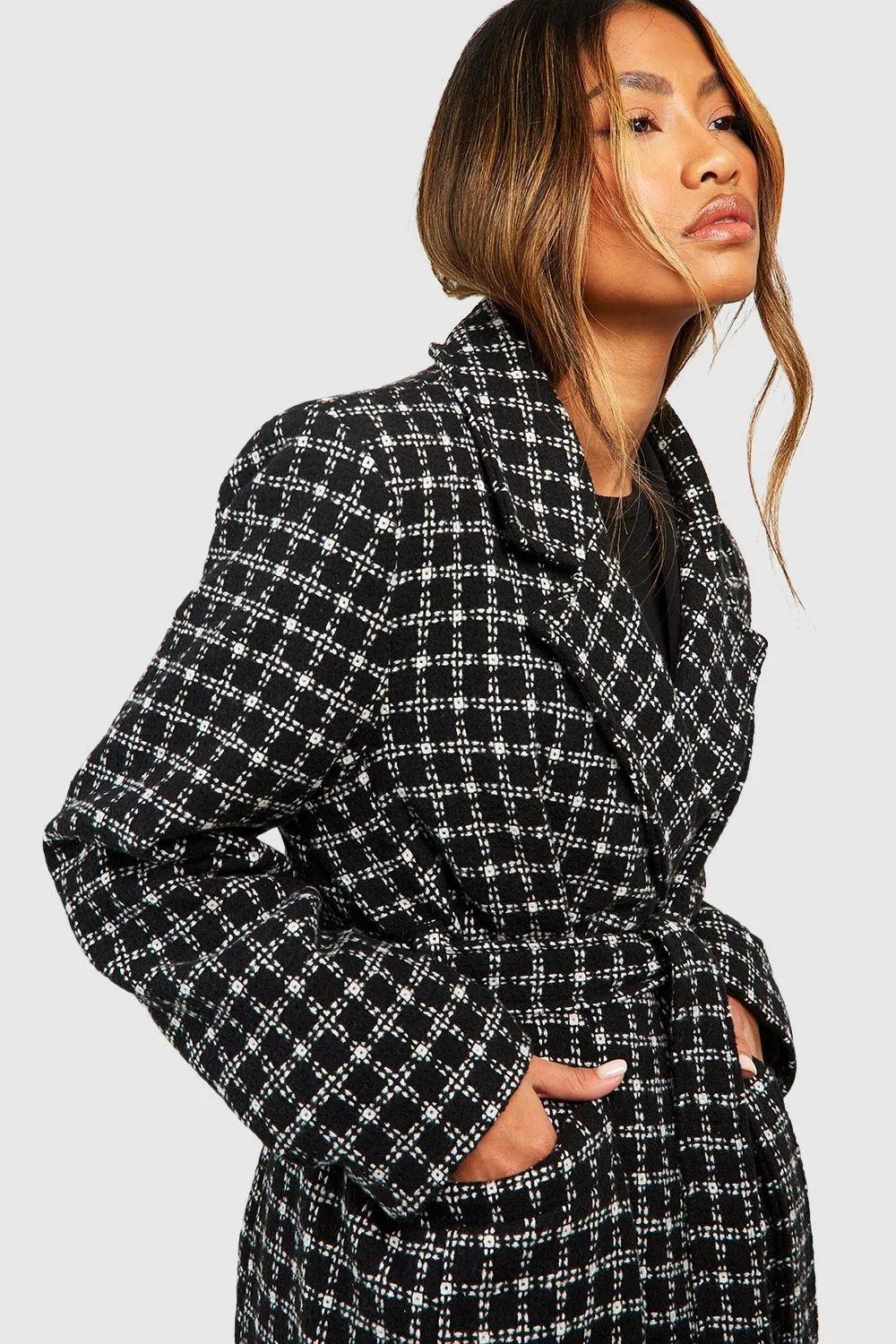 Jackets & Coats | Check Boucle Belted Coat | boohoo