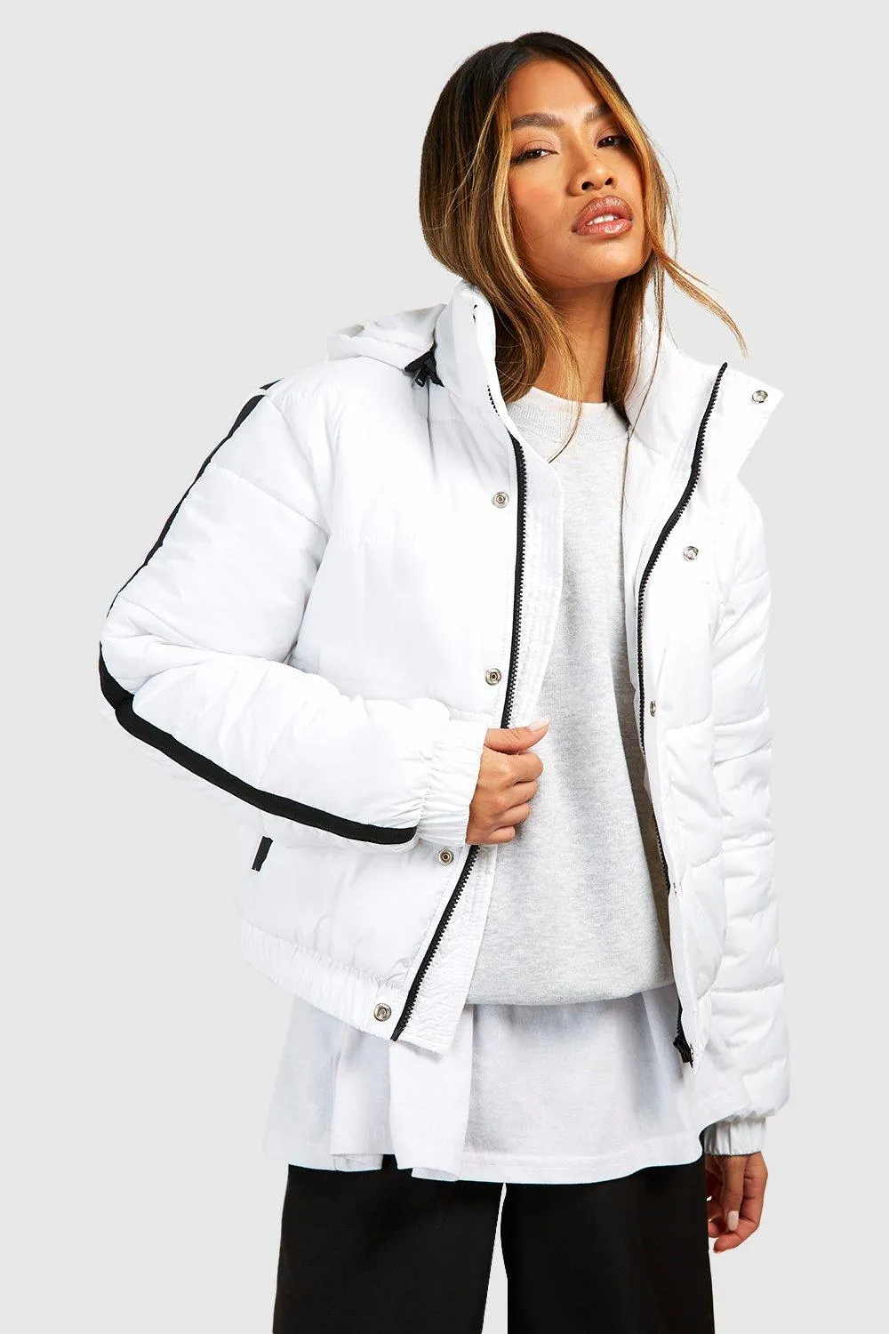 Jackets & Coats | Hooded Contrast Trim Puffer Jacket | boohoo