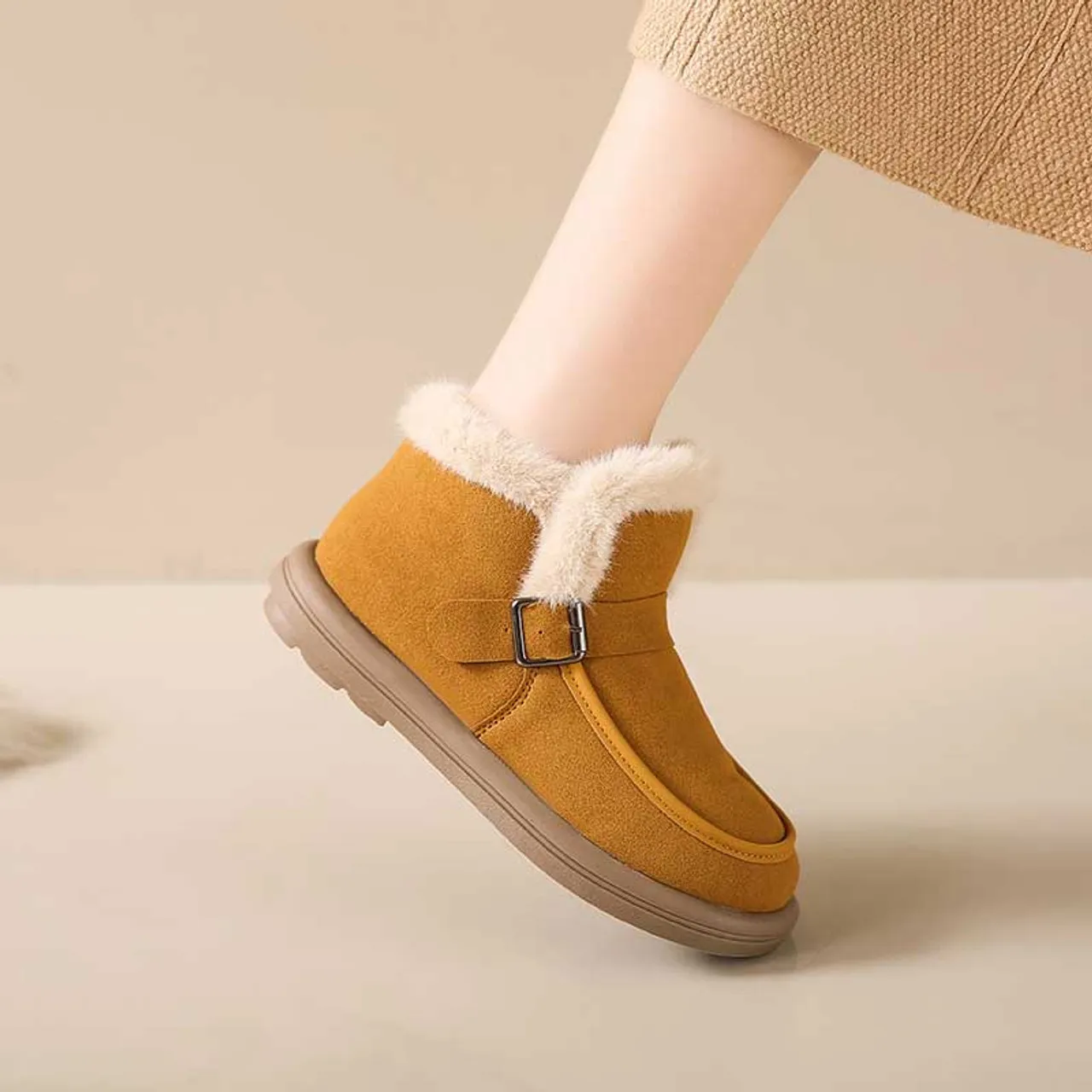 Khaki suede buckle strap winter ankle shoe boot