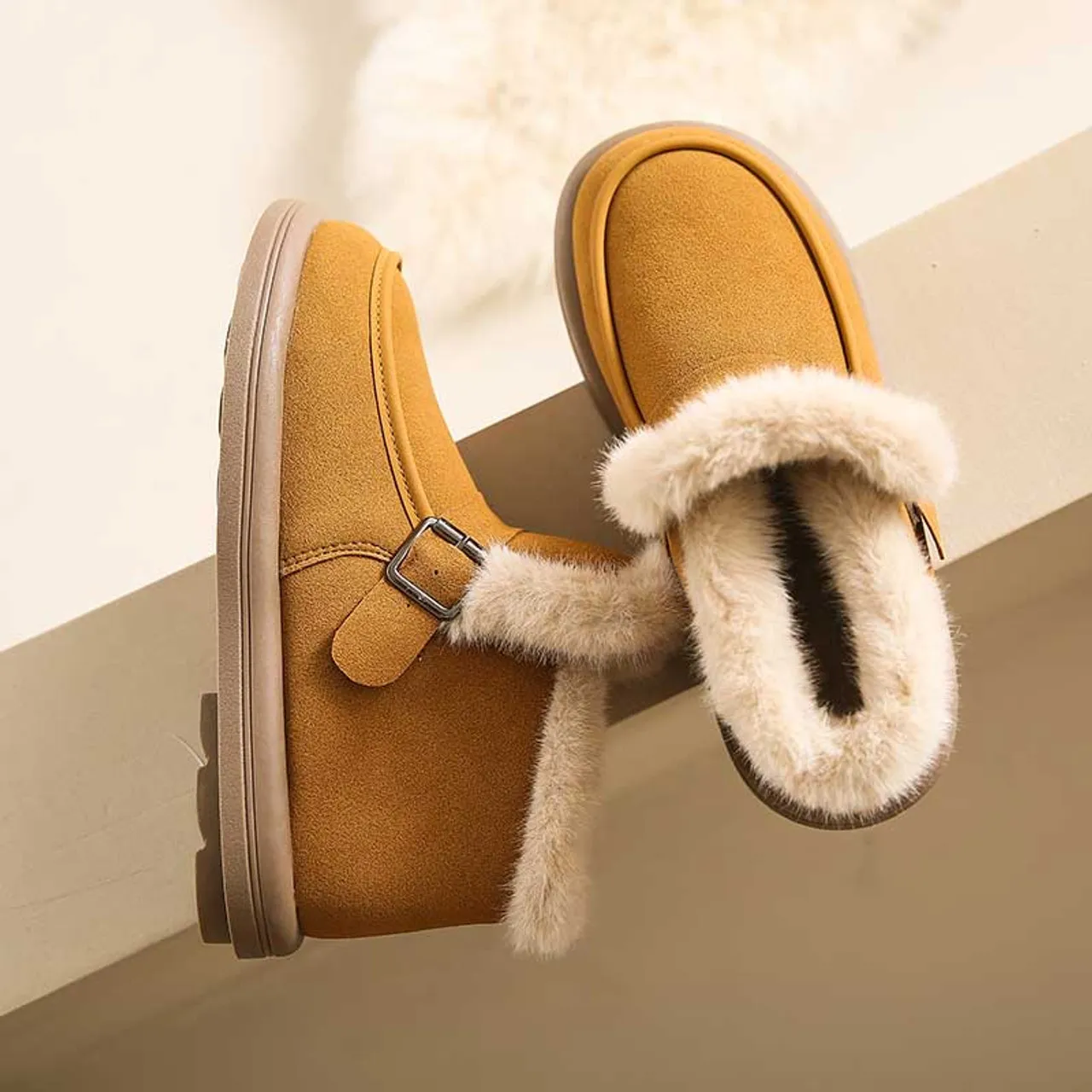 Khaki suede buckle strap winter ankle shoe boot