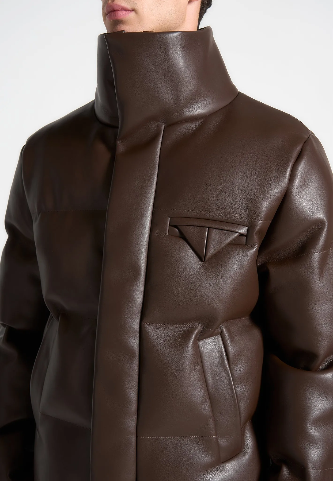 Leather Puffer Jacket - Brown