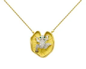 McTeigue Diamond Emerald Platinum 18 Karat Gold Lily Pad Frog Necklace