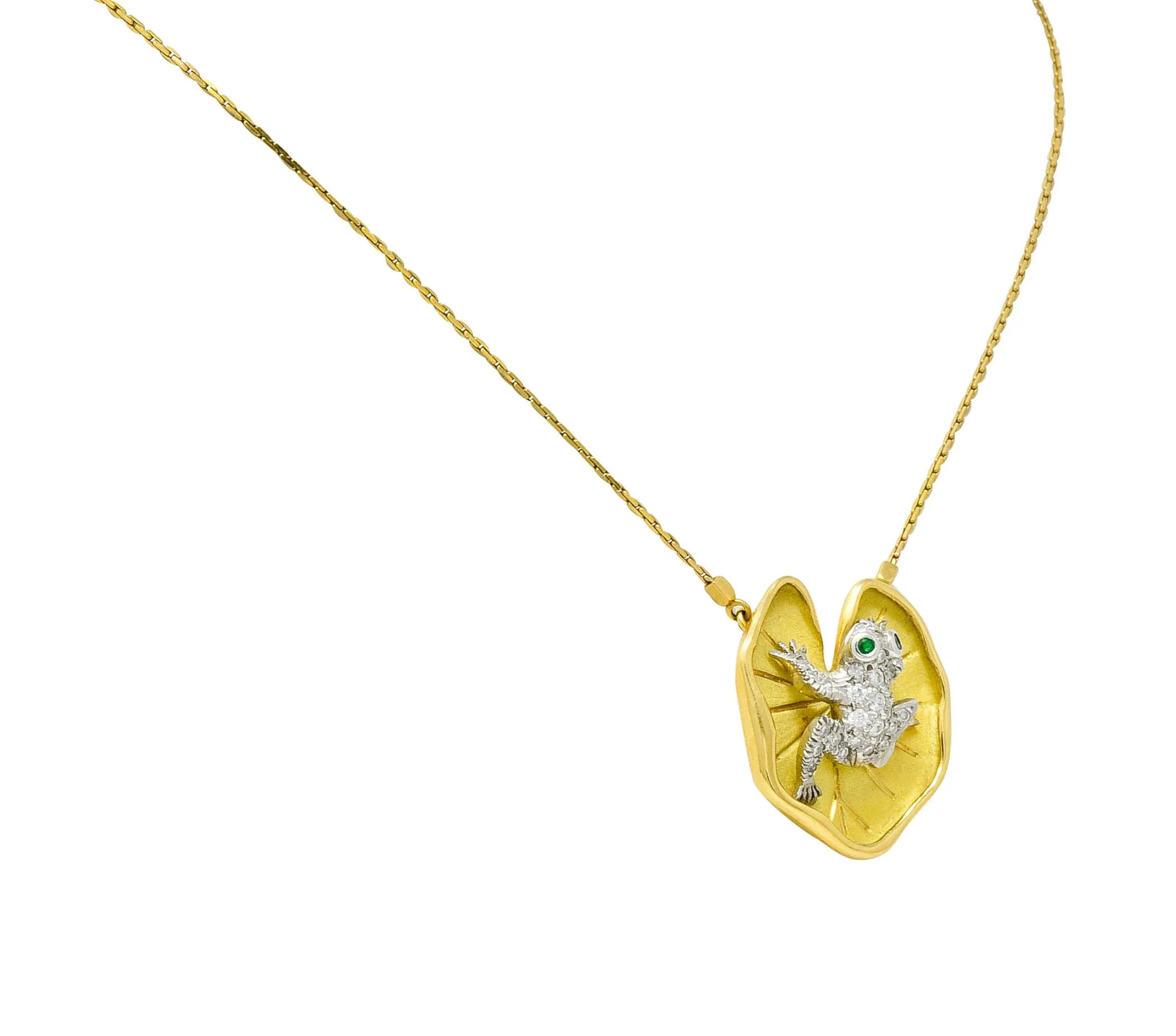 McTeigue Diamond Emerald Platinum 18 Karat Gold Lily Pad Frog Necklace