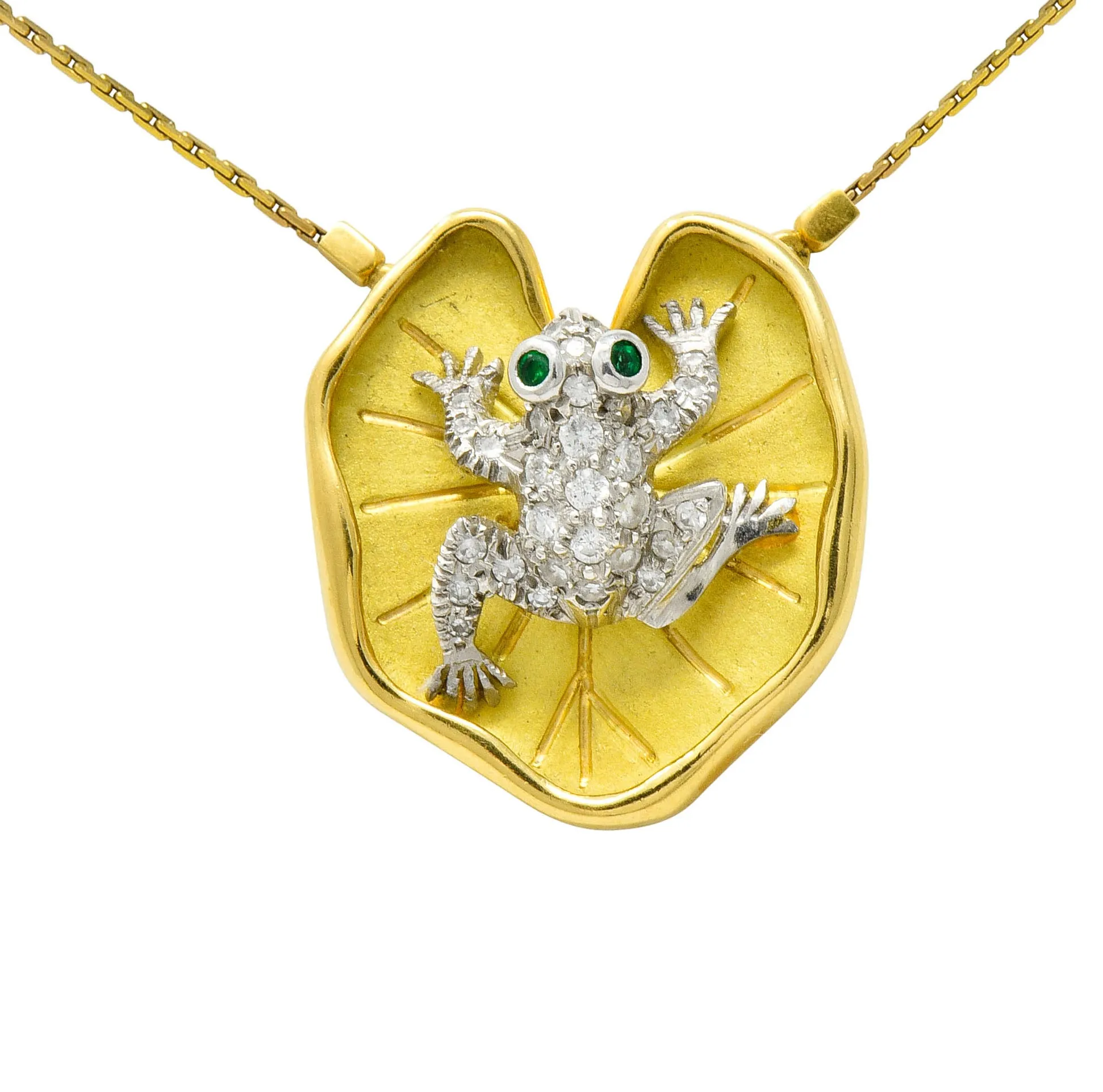 McTeigue Diamond Emerald Platinum 18 Karat Gold Lily Pad Frog Necklace