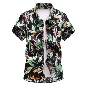 Men's Black Leaf Print Polyester Casual Slim Short Sleeve Beachwear Shirt