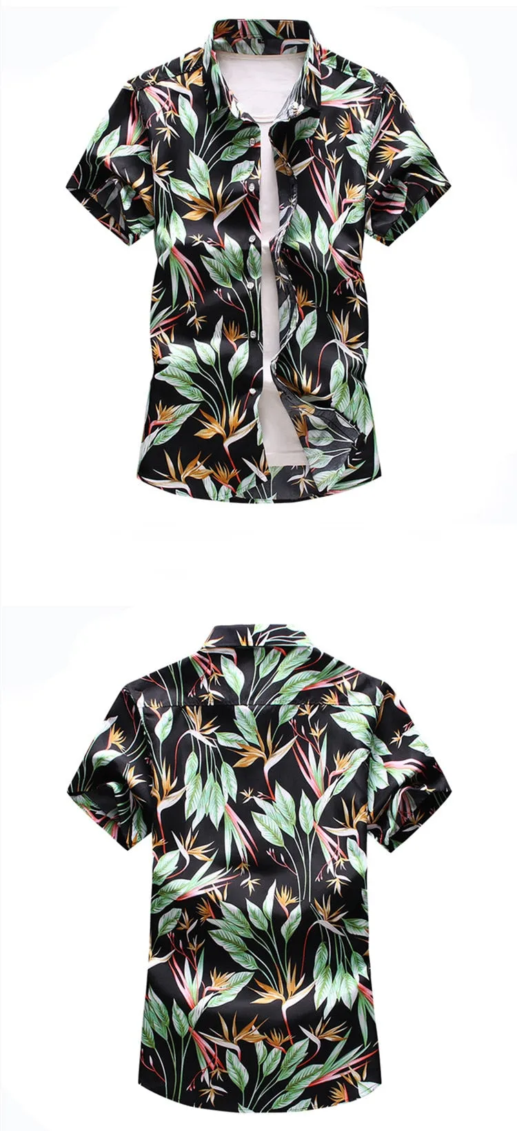 Men's Black Leaf Print Polyester Casual Slim Short Sleeve Beachwear Shirt