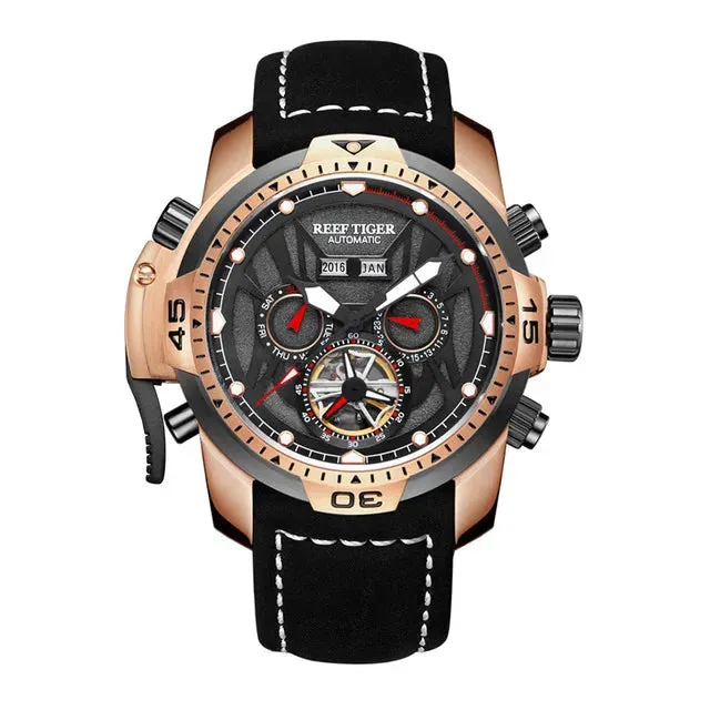 Men's Genuine Leather Strap Tourbillon Automatic Sports Watch