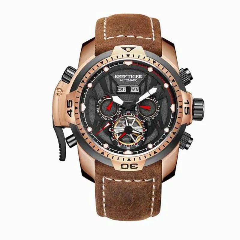 Men's Genuine Leather Strap Tourbillon Automatic Sports Watch