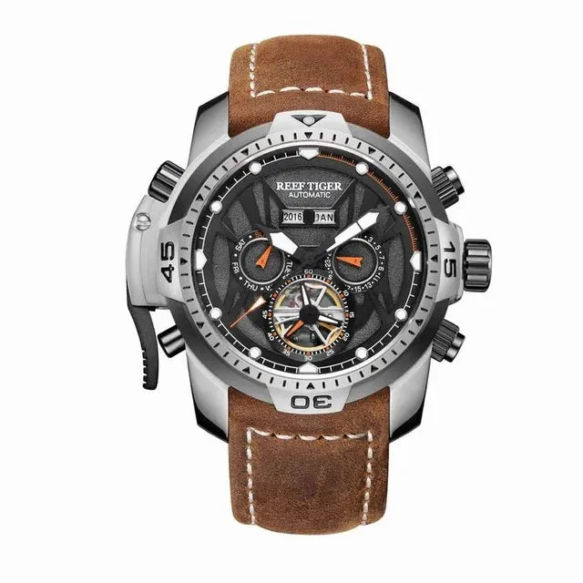 Men's Genuine Leather Strap Tourbillon Automatic Sports Watch