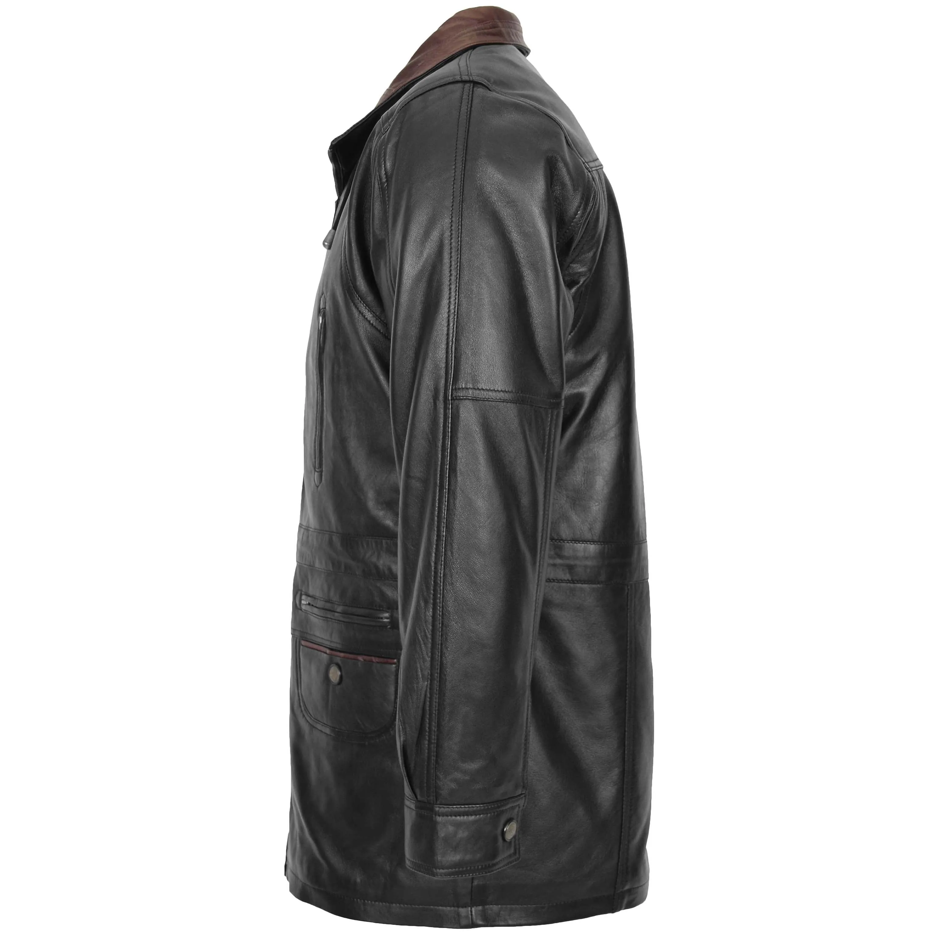 Mens Leather Winter Car Coat Hip Length Jason Black Brown Trim