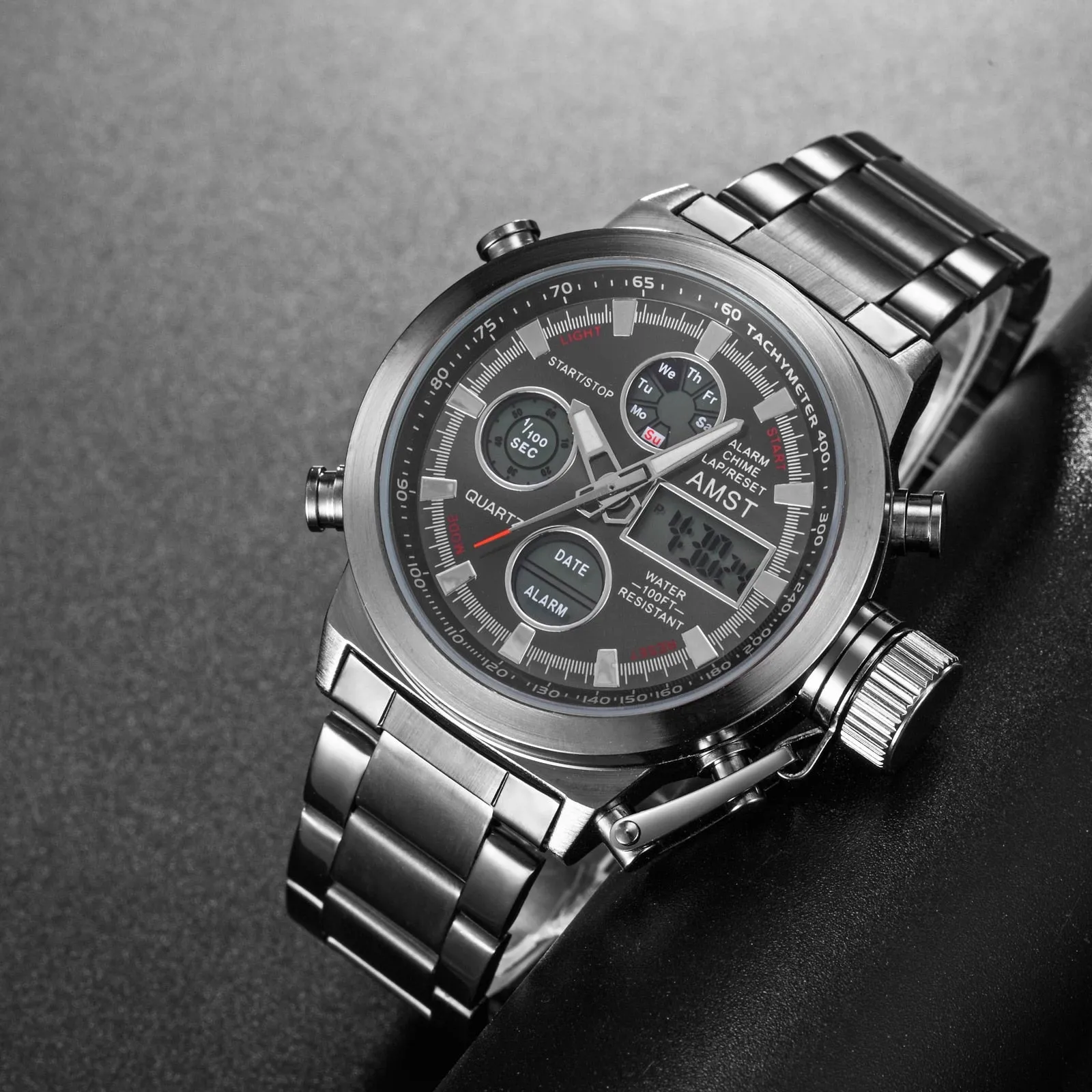 Men's Stainless Steel Electronic Dual Display Waterproof Quartz Wristwatch