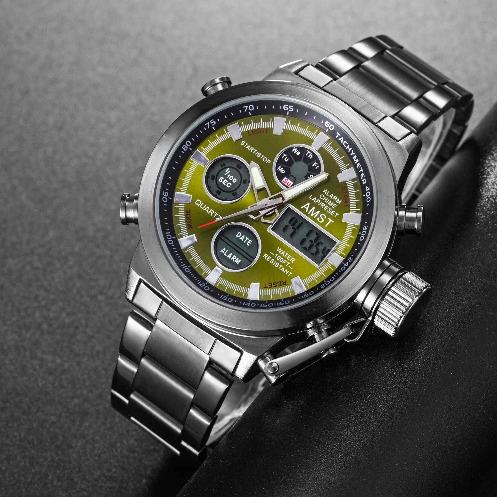 Men's Stainless Steel Electronic Dual Display Waterproof Quartz Wristwatch