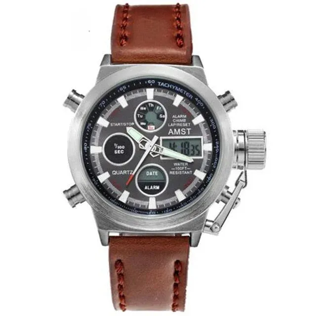 Men's Stainless Steel Electronic Dual Display Waterproof Quartz Wristwatch