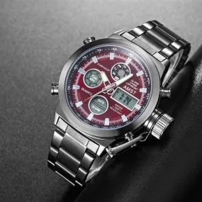 Men's Stainless Steel Electronic Dual Display Waterproof Quartz Wristwatch