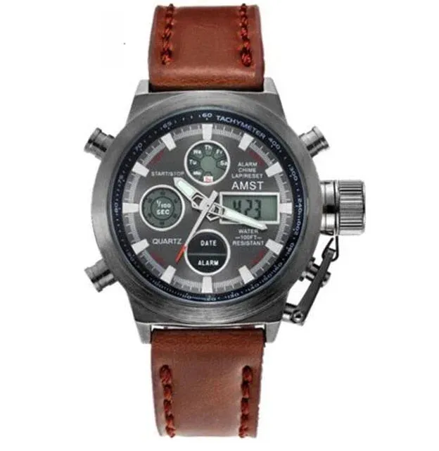 Men's Stainless Steel Electronic Dual Display Waterproof Quartz Wristwatch