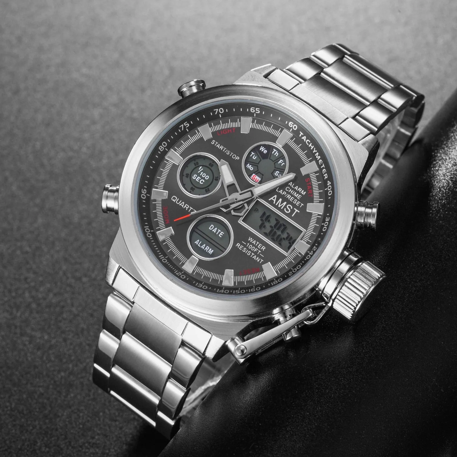 Men's Stainless Steel Electronic Dual Display Waterproof Quartz Wristwatch