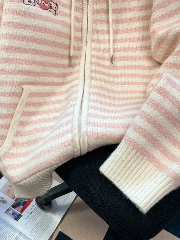 Milk fufu lazy cute striped contrast hooded sweater men and women autumn and winter unique beautiful knitted coat cardigan