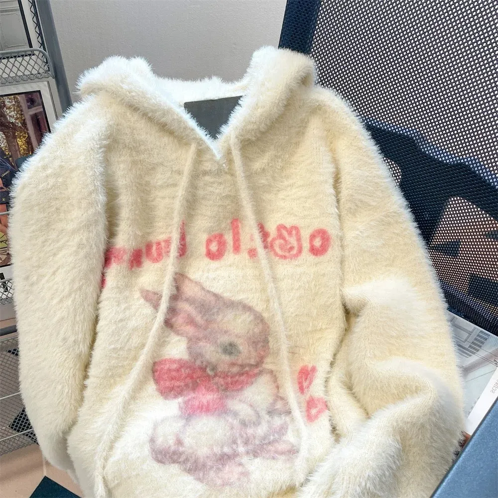 Milky and gentle style soft and cute rabbit hooded sweater for men and women spring and autumn design niche mink fleece sweater