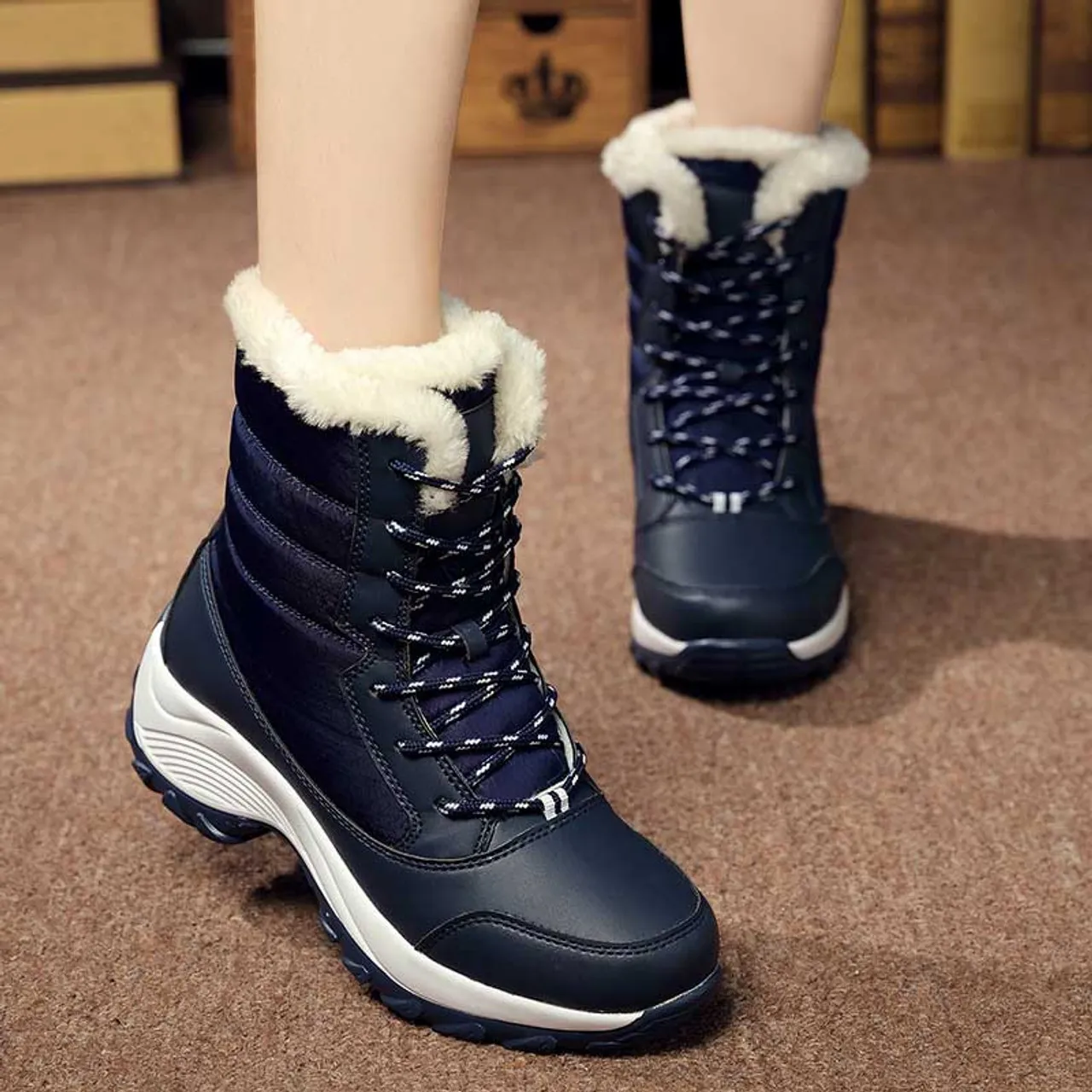 Navy casual winter double rocker bottom shoe boot