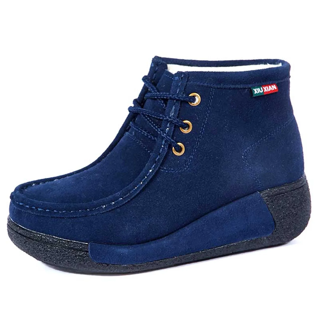 Navy suede winter rocker bottom shoe boot sewn accents