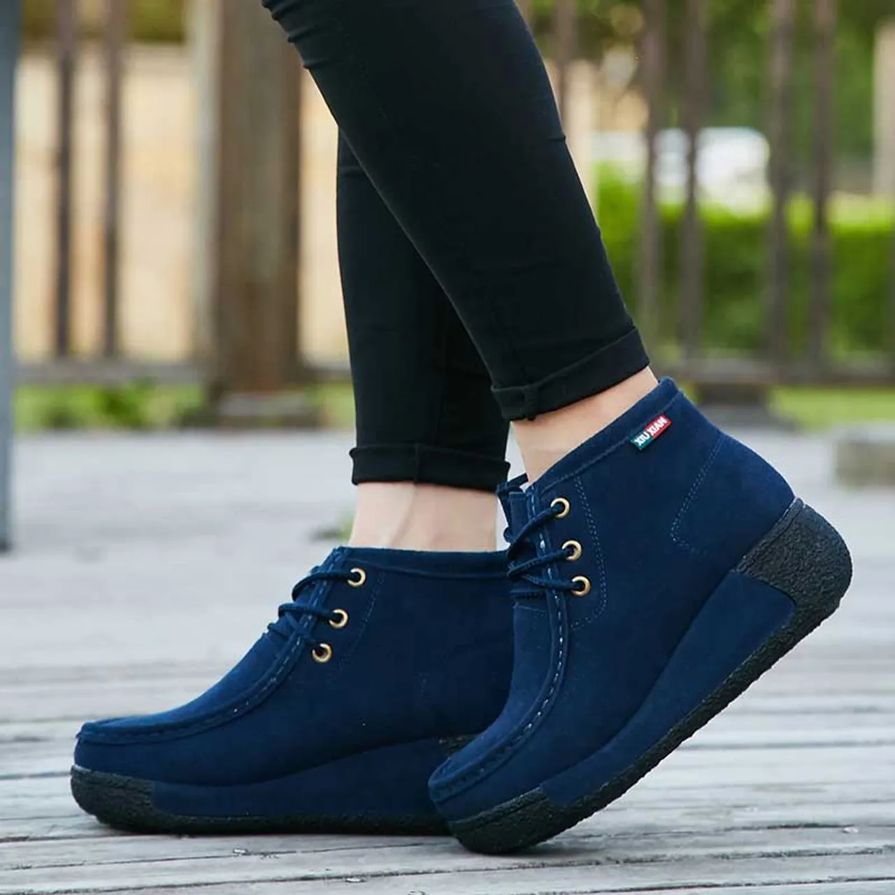 Navy suede winter rocker bottom shoe boot sewn accents