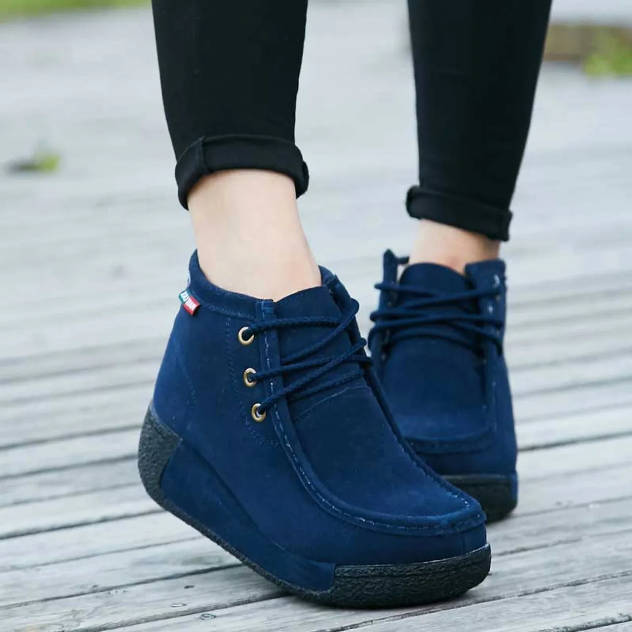 Navy suede winter rocker bottom shoe boot sewn accents