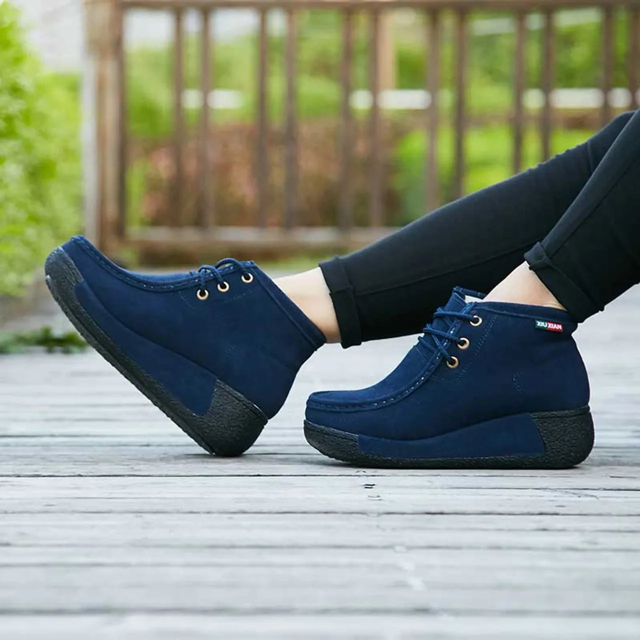 Navy suede winter rocker bottom shoe boot sewn accents