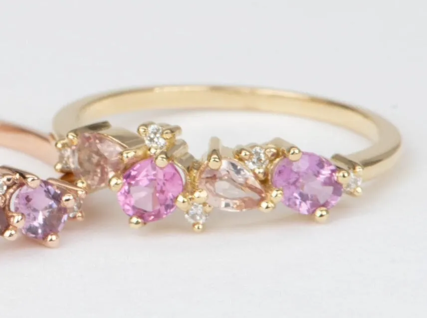 Padparadscha Color Pink Orange Sapphire and Diamond Cluster Wedding Band 14K Gold R6566