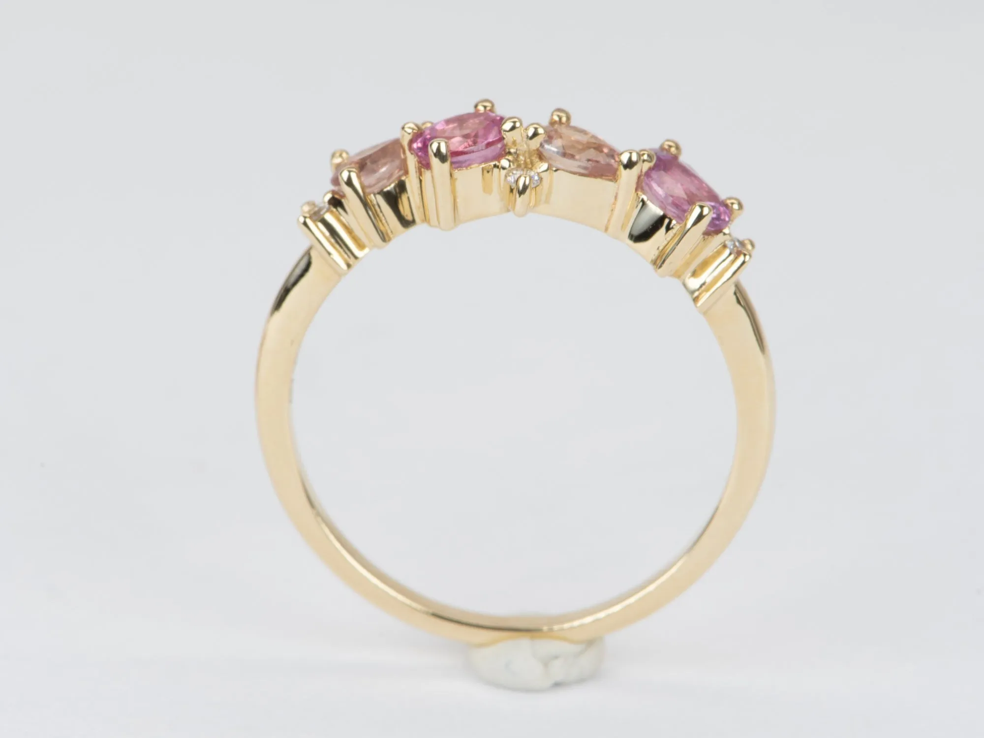 Padparadscha Color Pink Orange Sapphire and Diamond Cluster Wedding Band 14K Gold R6566