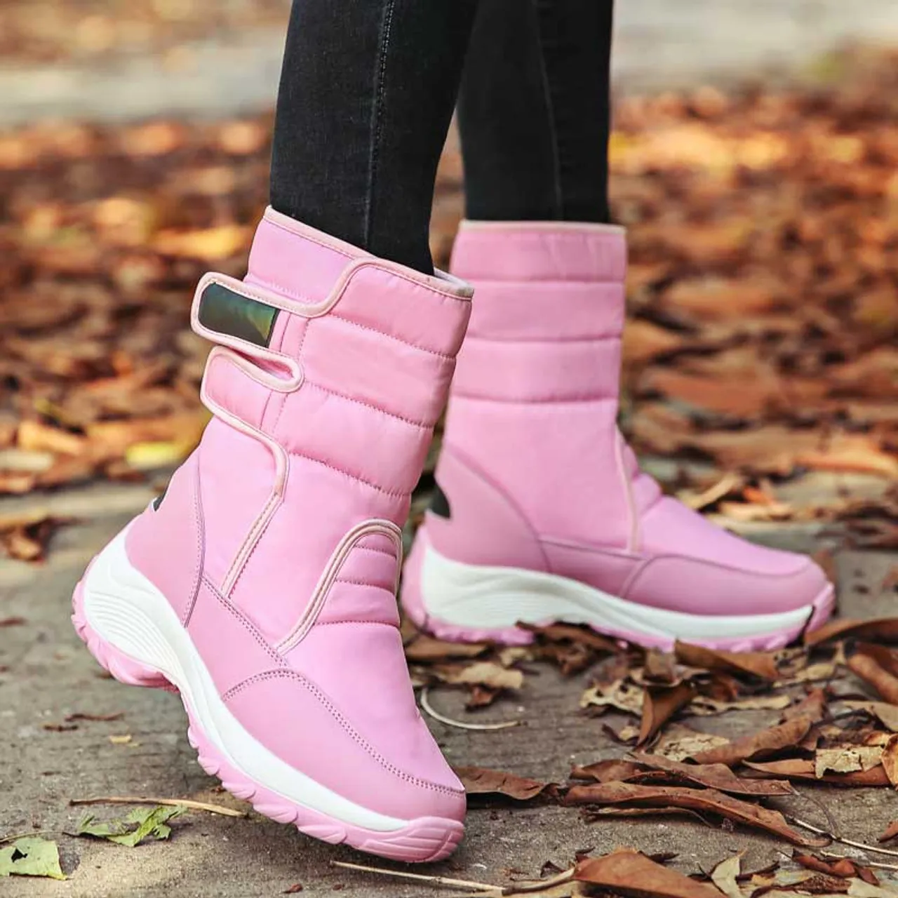 Pink winter velcro slip on double rocker bottom shoe boot