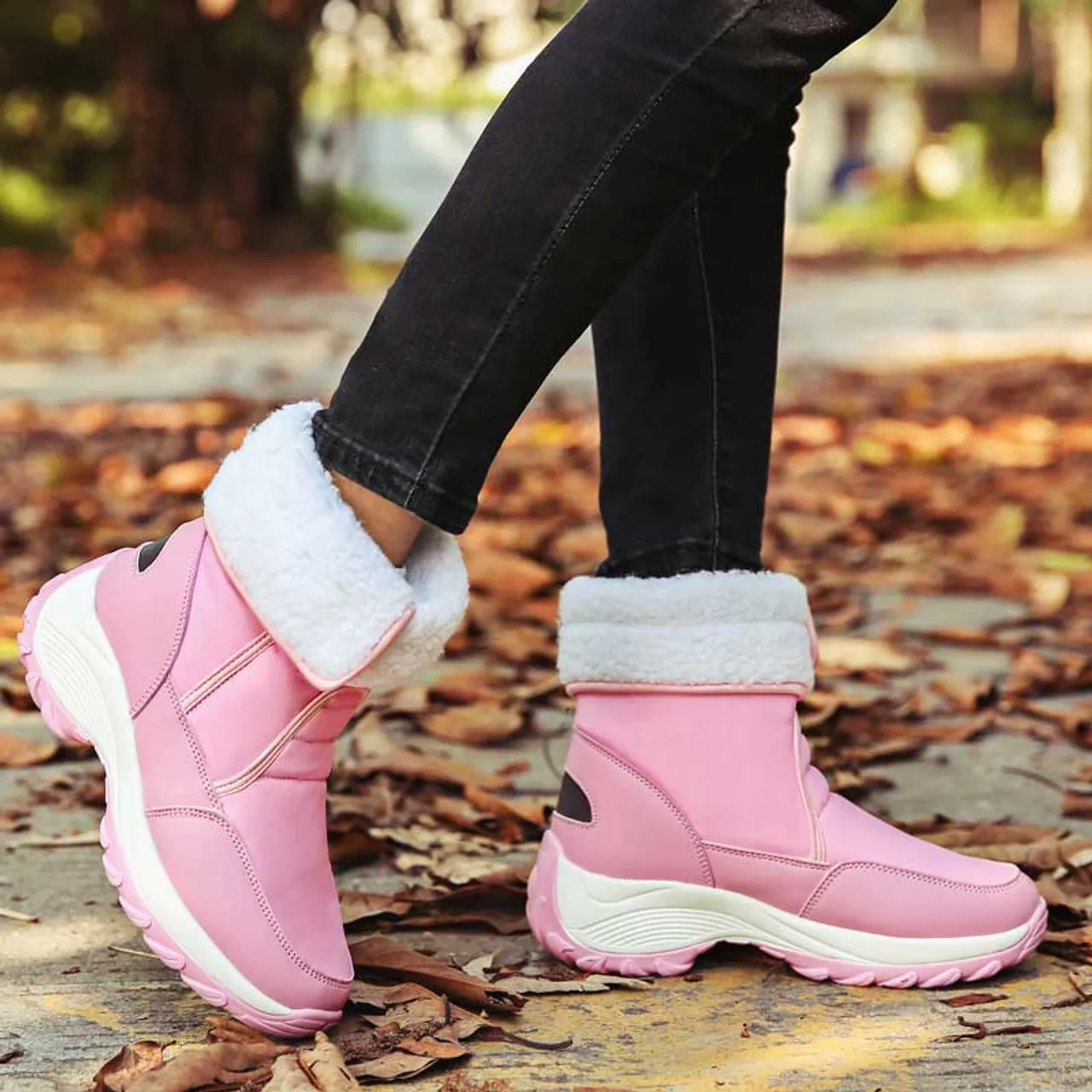 Pink winter velcro slip on double rocker bottom shoe boot