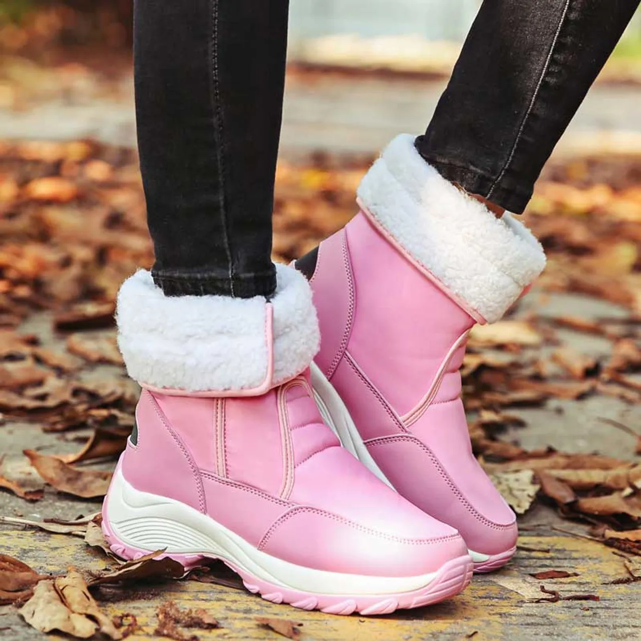 Pink winter velcro slip on double rocker bottom shoe boot