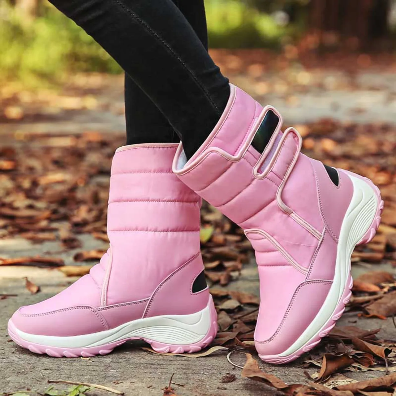 Pink winter velcro slip on double rocker bottom shoe boot